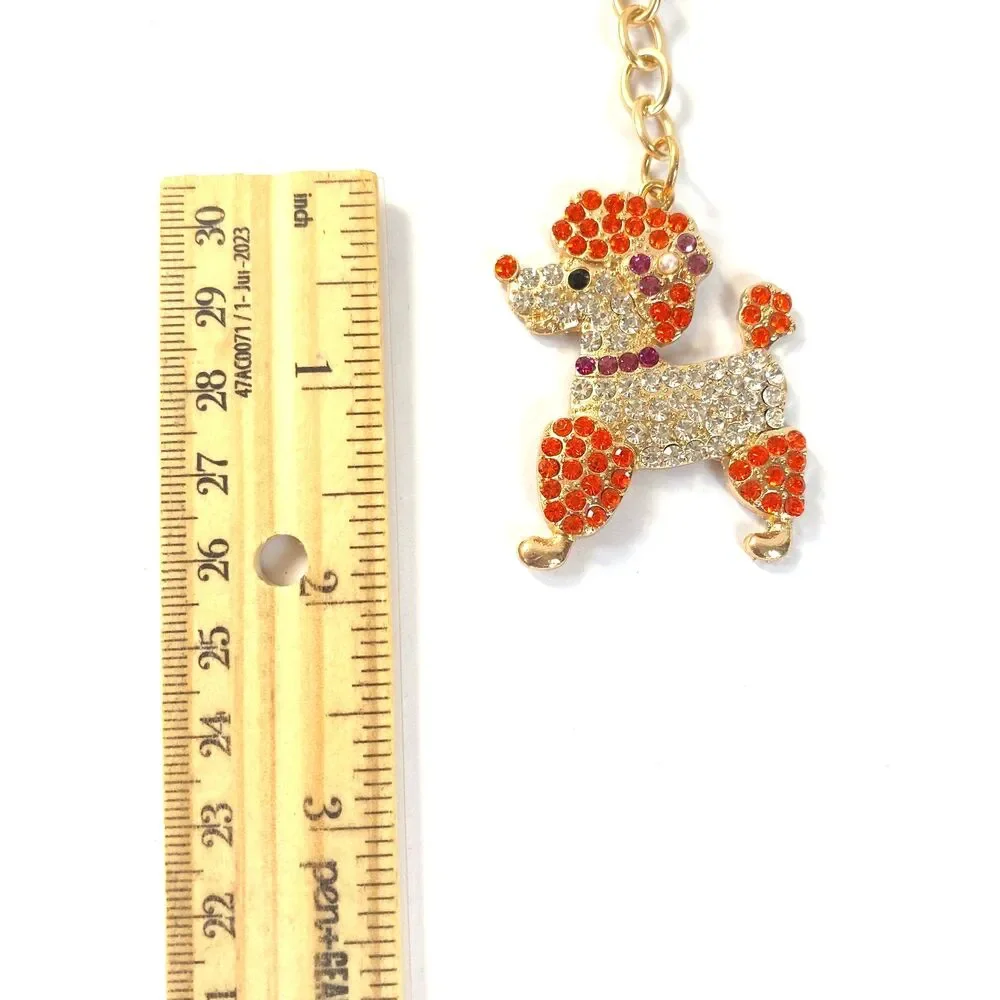 Poodle Rhinestone Charm Keychain Key Holder Orange Multi Gold Tone Metal New